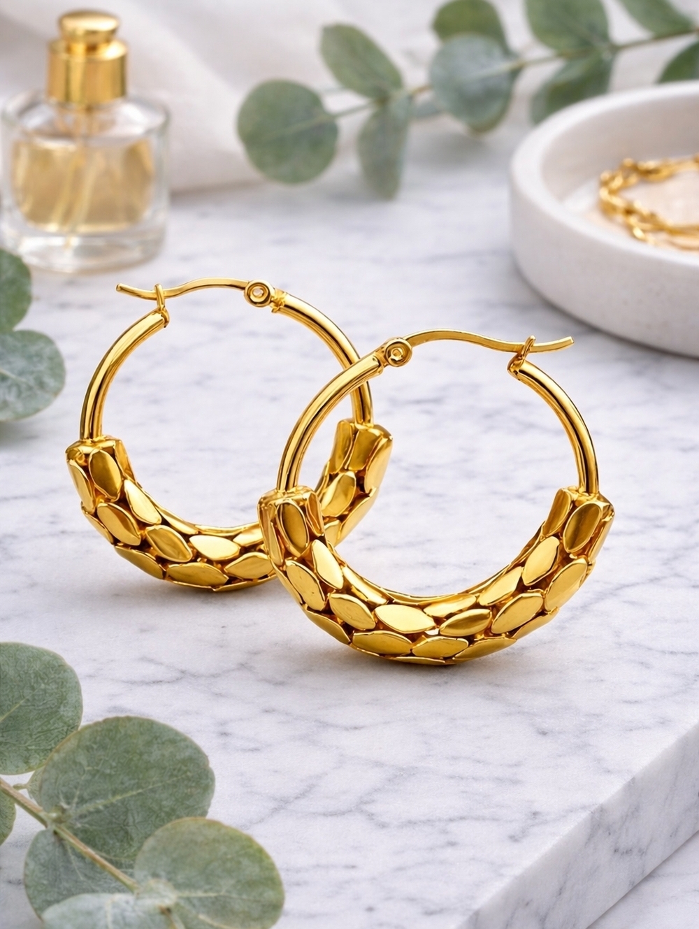 Textured Mesh Hoop Earrings 18K Gold Plated Stainless Steel Statement Jewelry